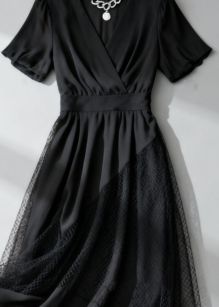 Deep V-Neck Wrap Short Sleeve Mesh Panel A-Line Midi Dress - View 4