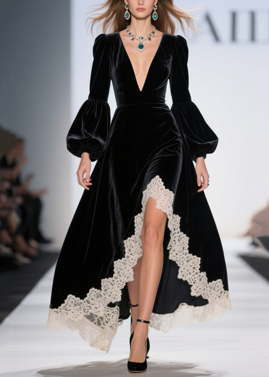Velvet Lace Trim Deep V-Neck Puff Sleeve High Low Maxi Gown