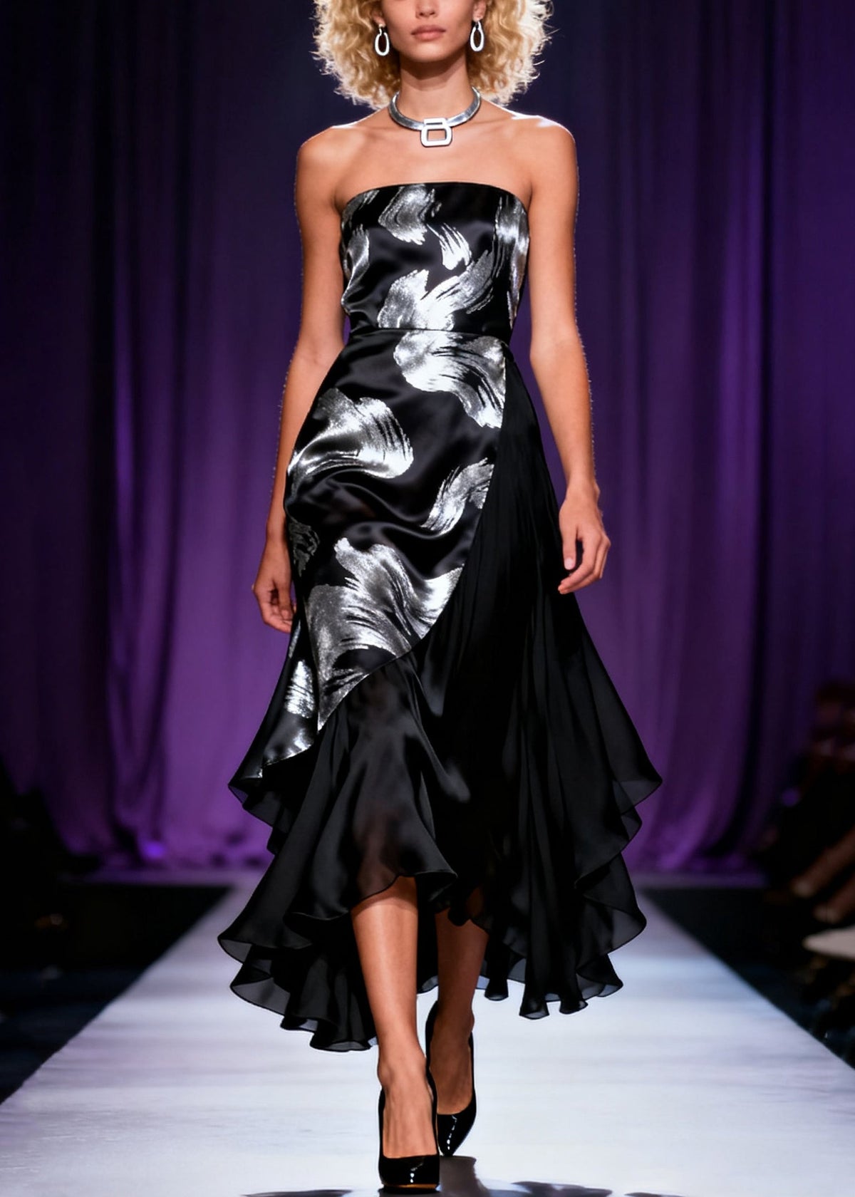Satin Strapless Abstract Print Wrap Tiered Ruffle High Low Party Dress