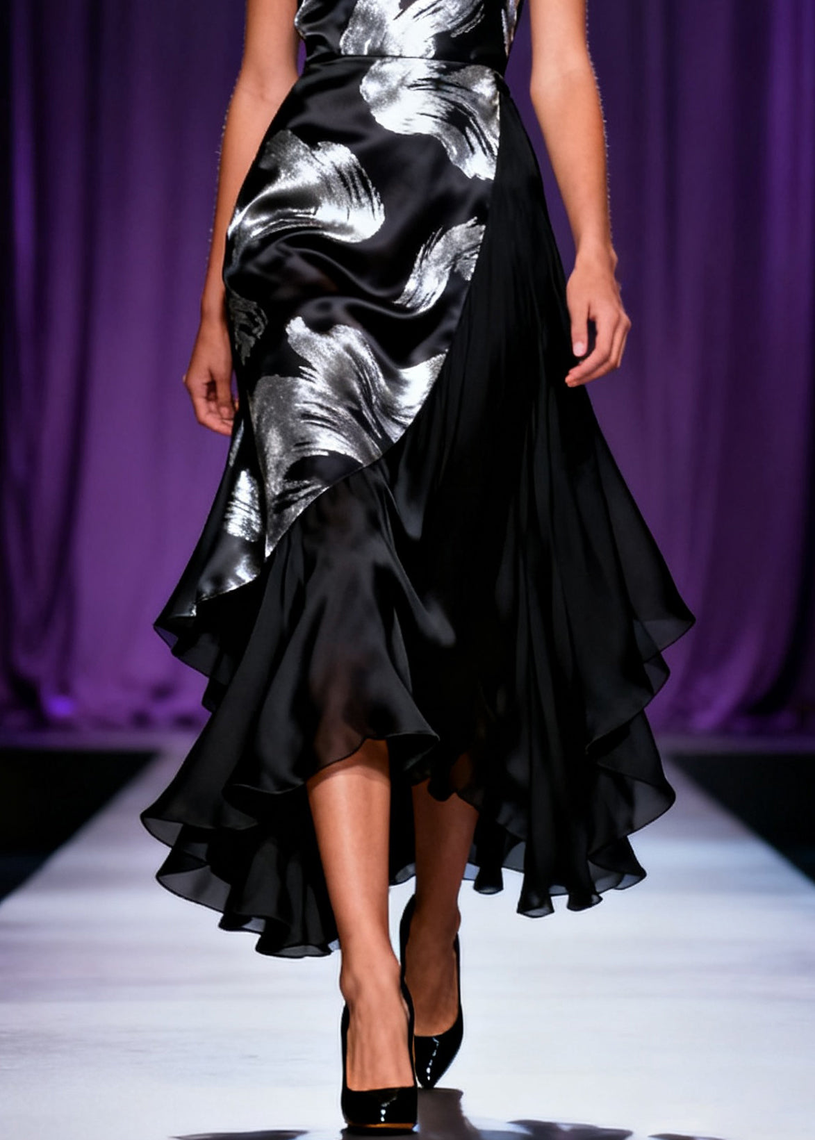 Satin Strapless Abstract Print Wrap Tiered Ruffle High Low Party Dress - View 4