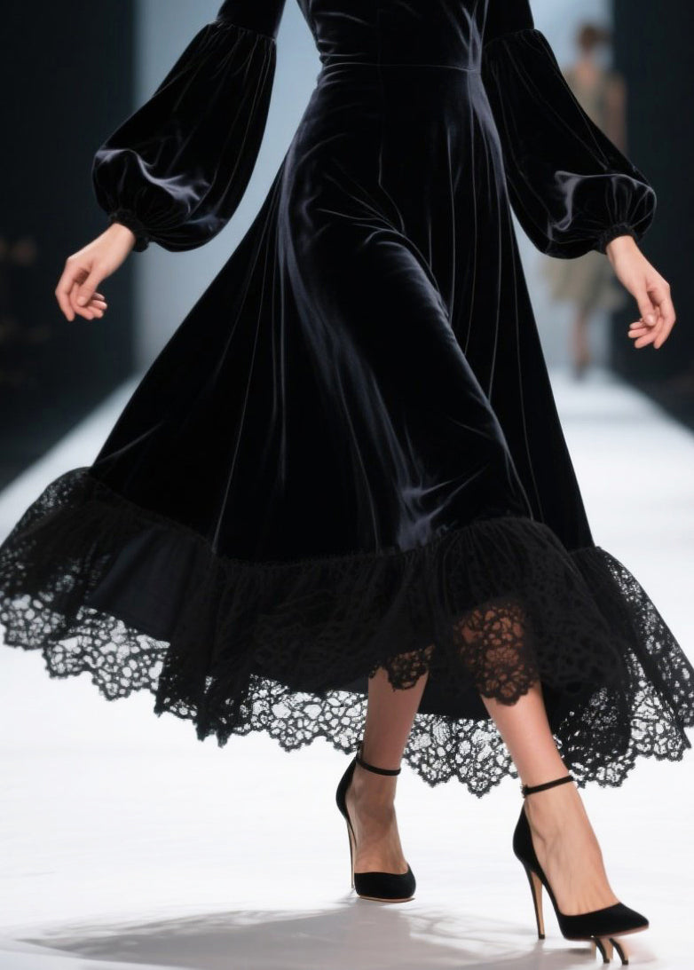 Velvet Sweetheart Neck Bishop Sleeve Lace Trim A-Line Midi Dress - View 4