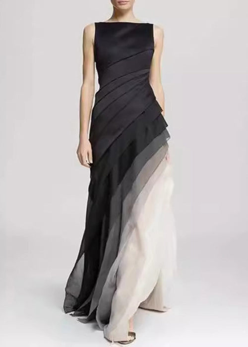 French Black High Waist Patchwork Tulle Maxi Dresses Summer