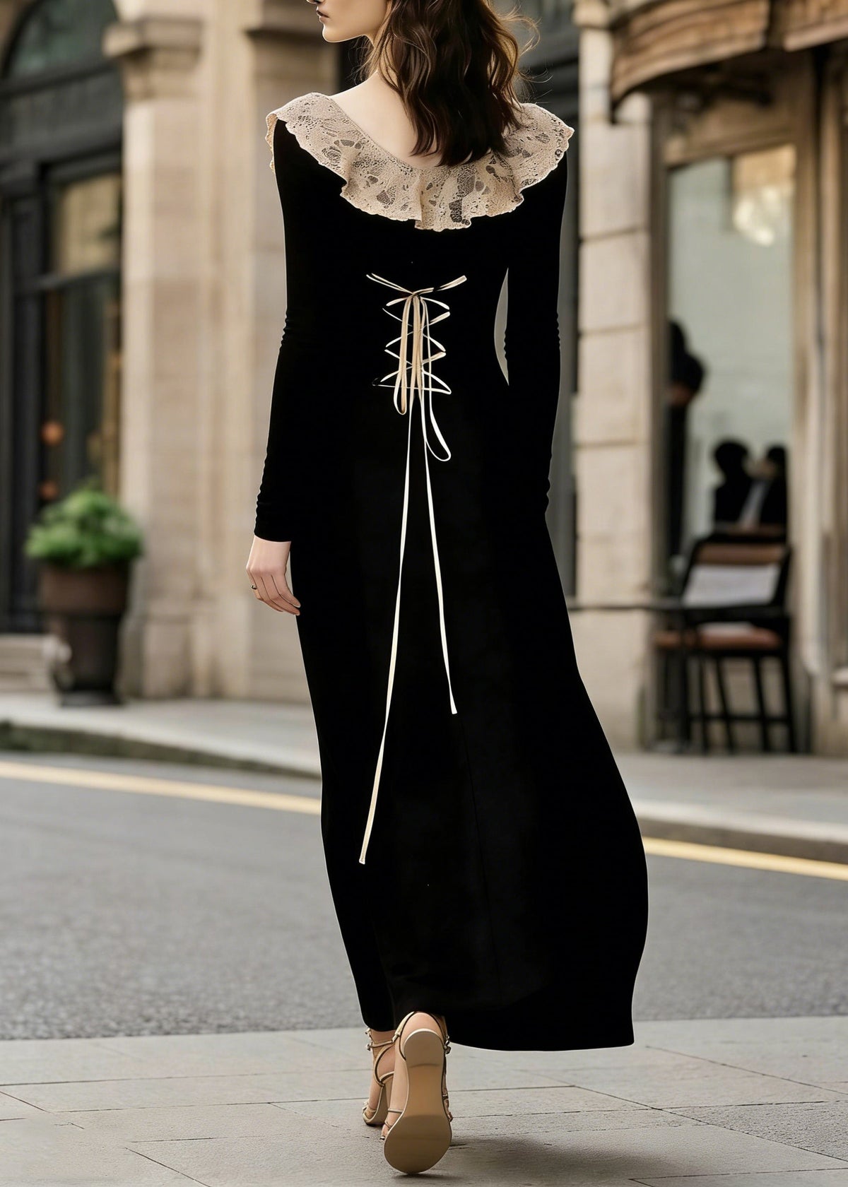 French Black Lace Patchwork Wear On Both Sides Cotton Maxi Dress - View 3