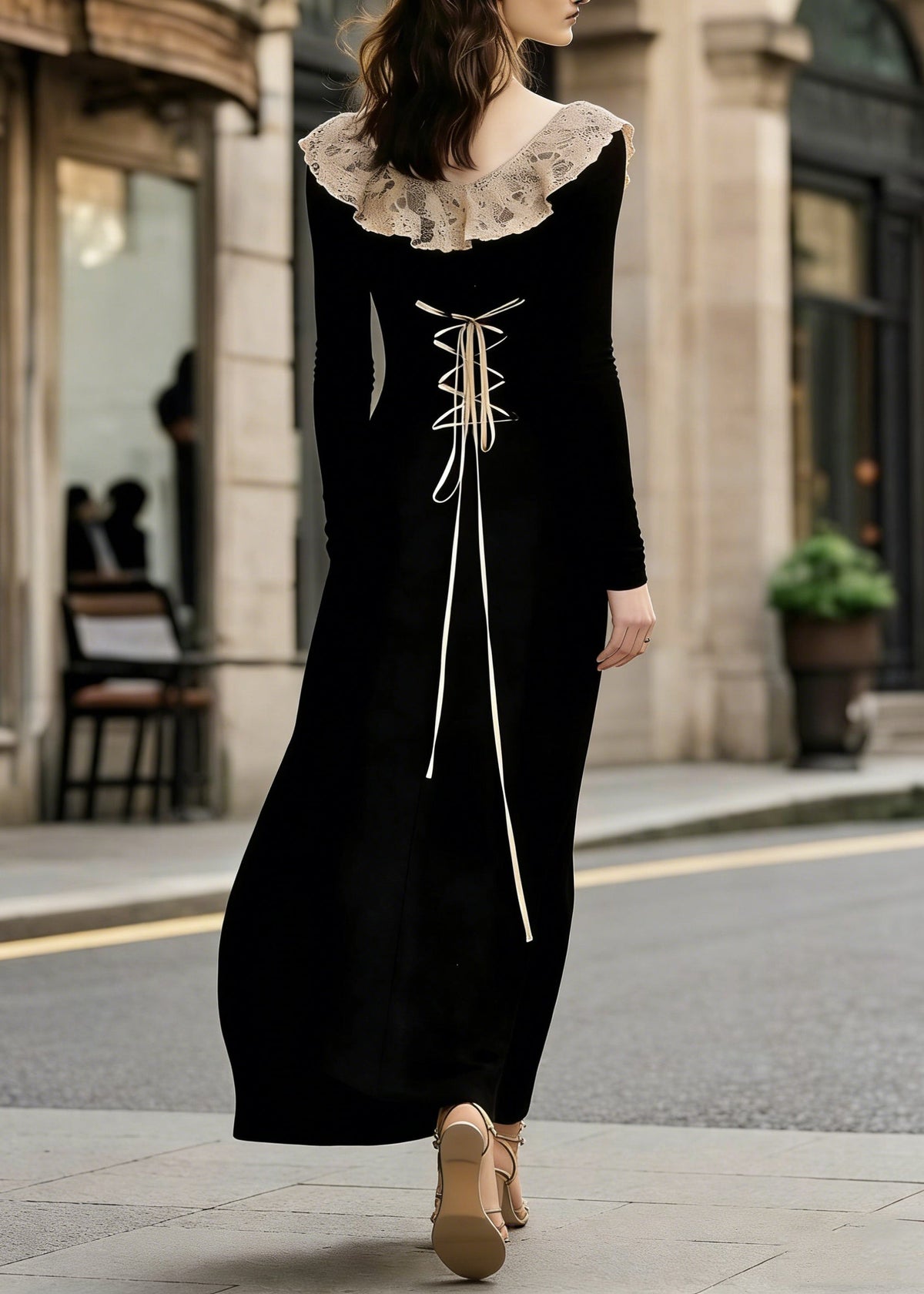 French Black Lace Patchwork Wear On Both Sides Cotton Maxi Dress - View 5