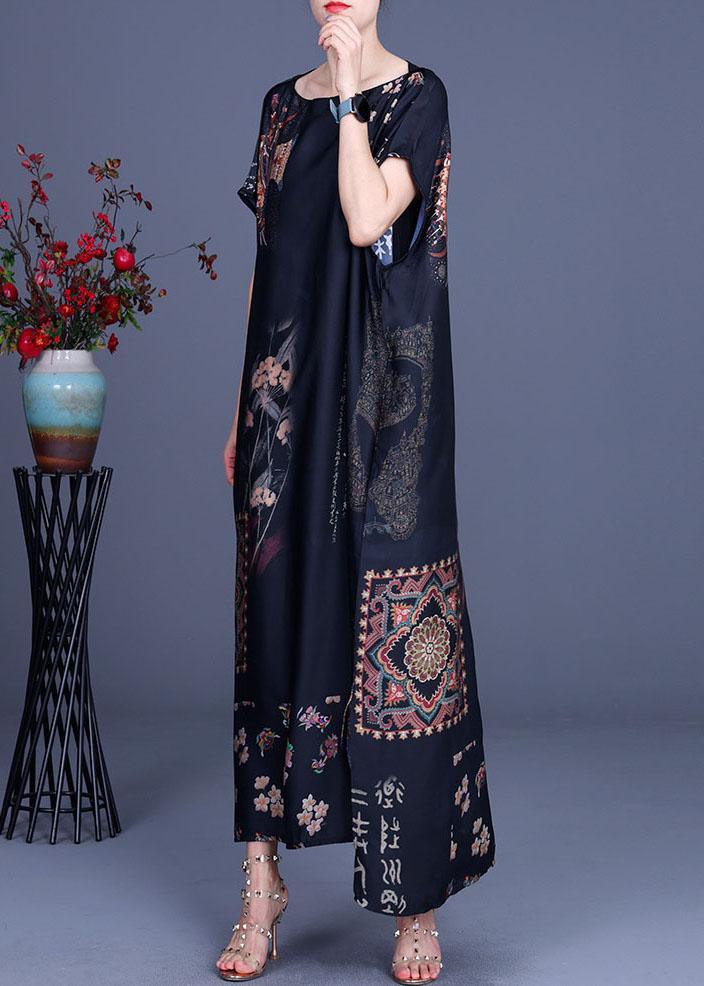 Chiffon Folk Art Print Round Neck Cap Sleeve Oversized Maxi Dress - View 3