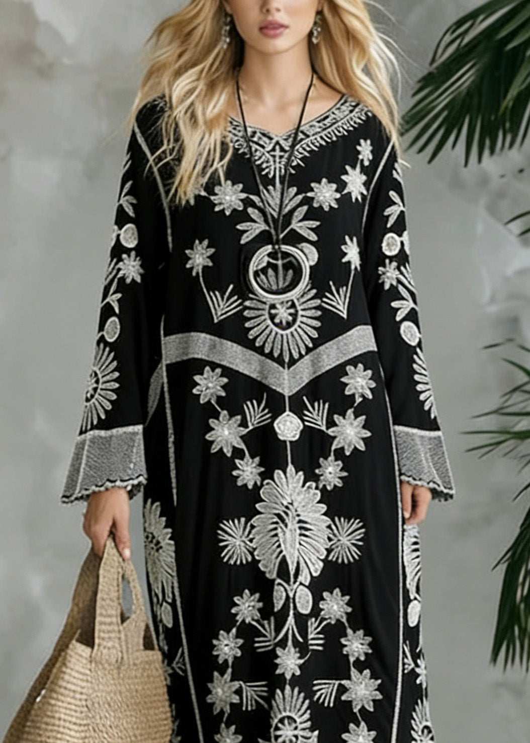 Embroidered V-Neck Long Sleeve Bell Cuff Chevron Band Flowy Maxi Dress - View 2