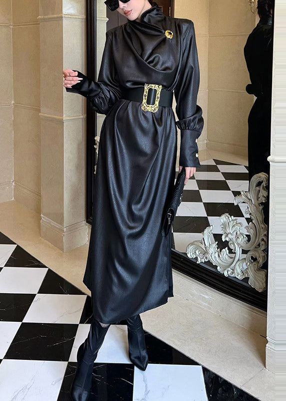 Satin Cowl Neck Structured Shoulder Wide Cuff Long Sleeve Maxi Dress - View 3