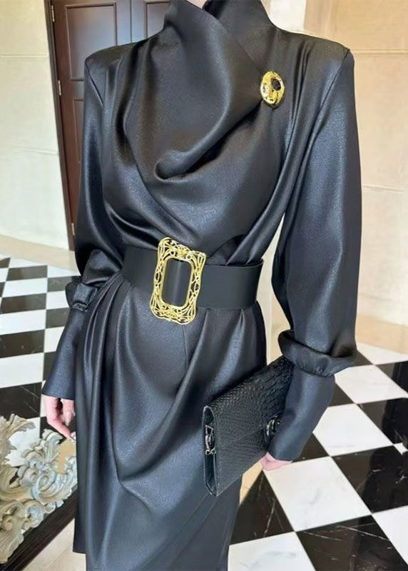 Satin Cowl Neck Structured Shoulder Wide Cuff Long Sleeve Maxi Dress - View 5