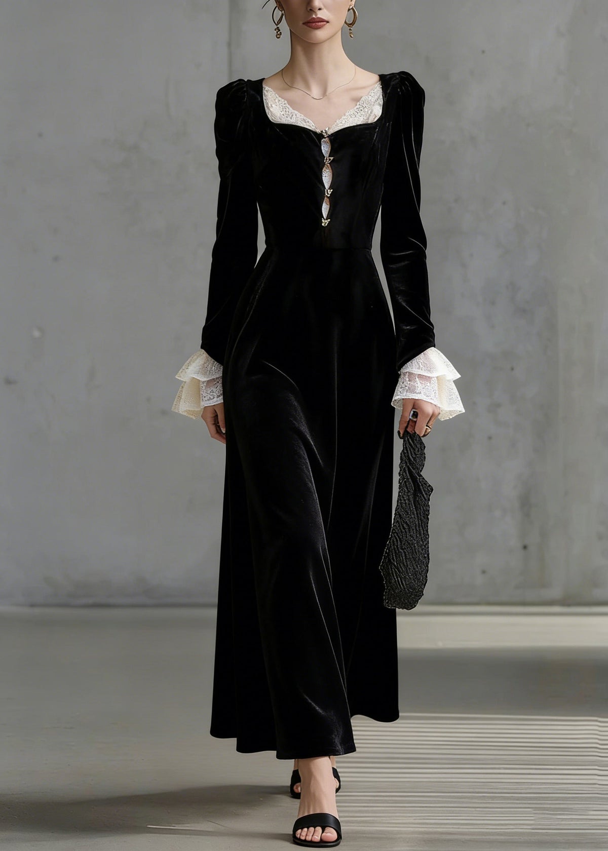 Square Neck Lace Panel Flared Cuff Long Sleeve Velvet Maxi Dress