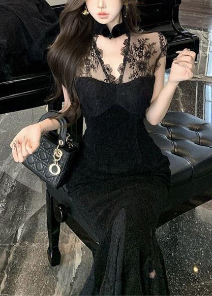 Lace Mock Neck Sleeveless Mermaid Lace Panel Trumpet Maxi Gown - View 4