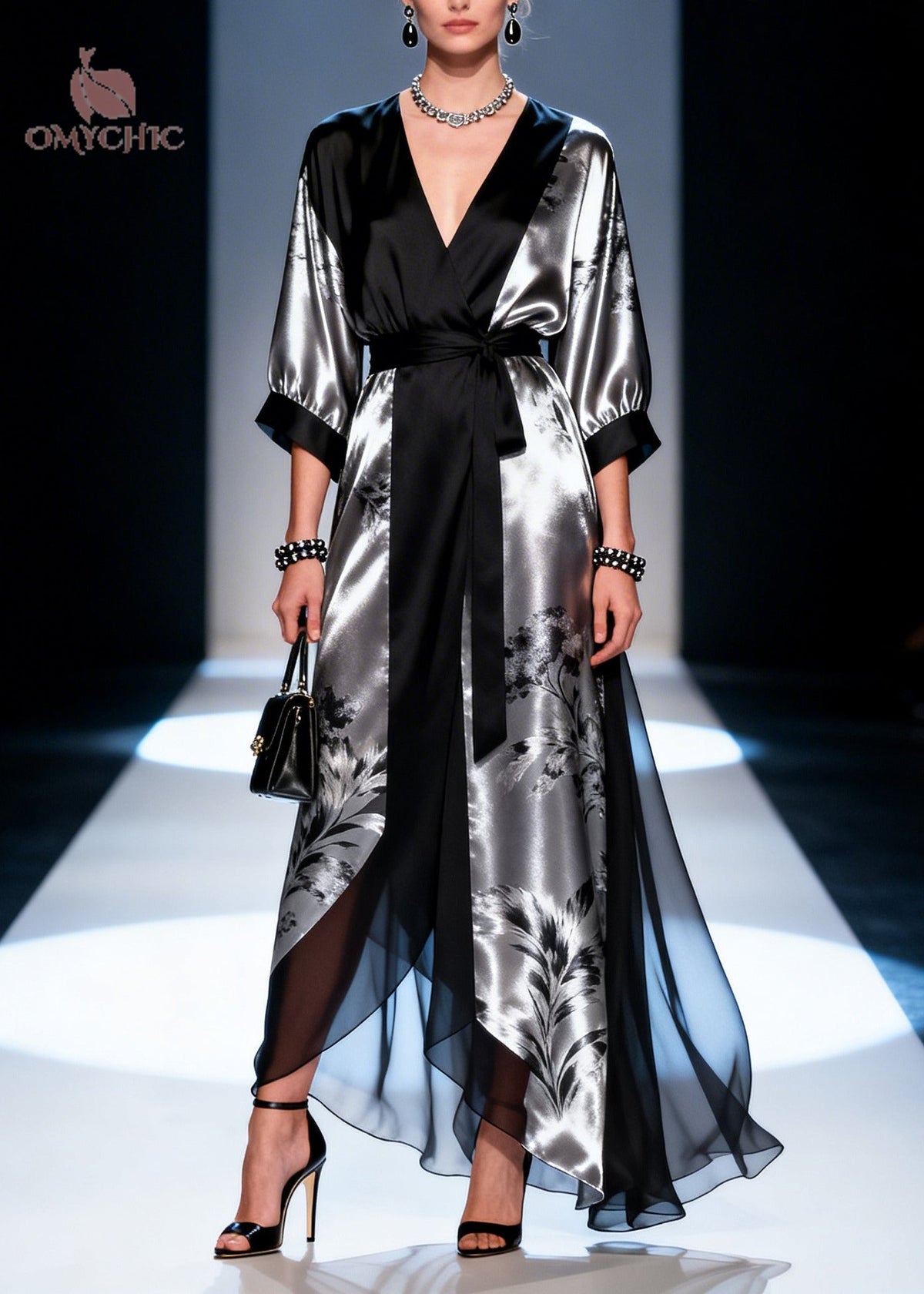 Satin Floral Print Wrap Deep V-Neck Tie Waist Contrast Cuff Gown