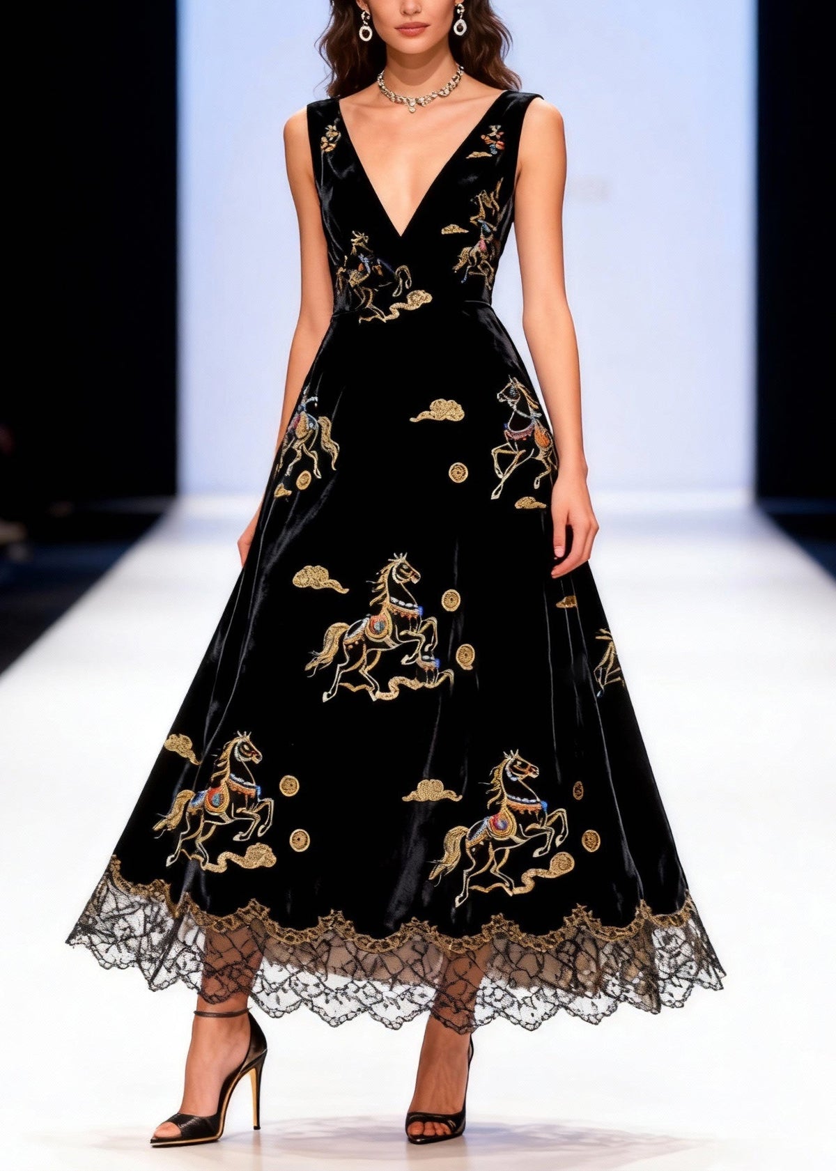 Velvet Deep V-Neck Sleeveless Horse Embroidered Maxi Gown