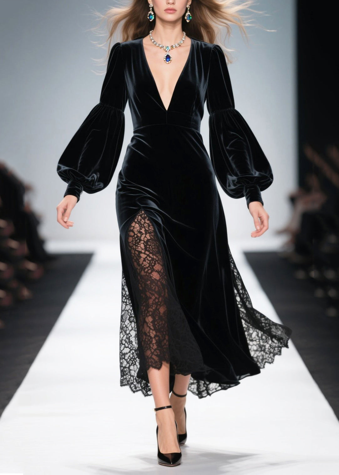 Velvet Deep V-Neck Bishop Sleeve Lace Underlay High Split Maxi Gown - View 3