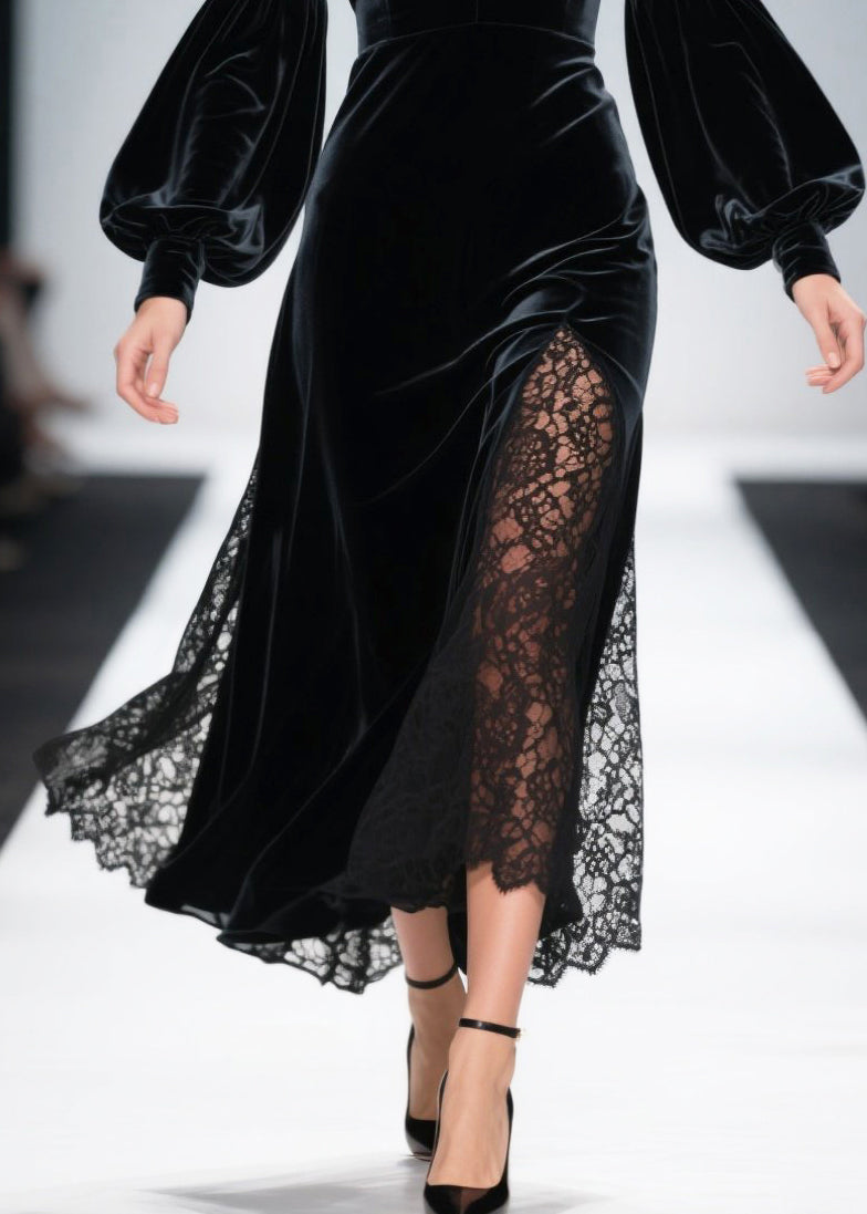 Velvet Deep V-Neck Bishop Sleeve Lace Underlay High Split Maxi Gown - View 4