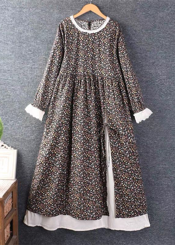 French Blue Print Side Open Lace Up Cotton Dress Long Sleeve - View 3