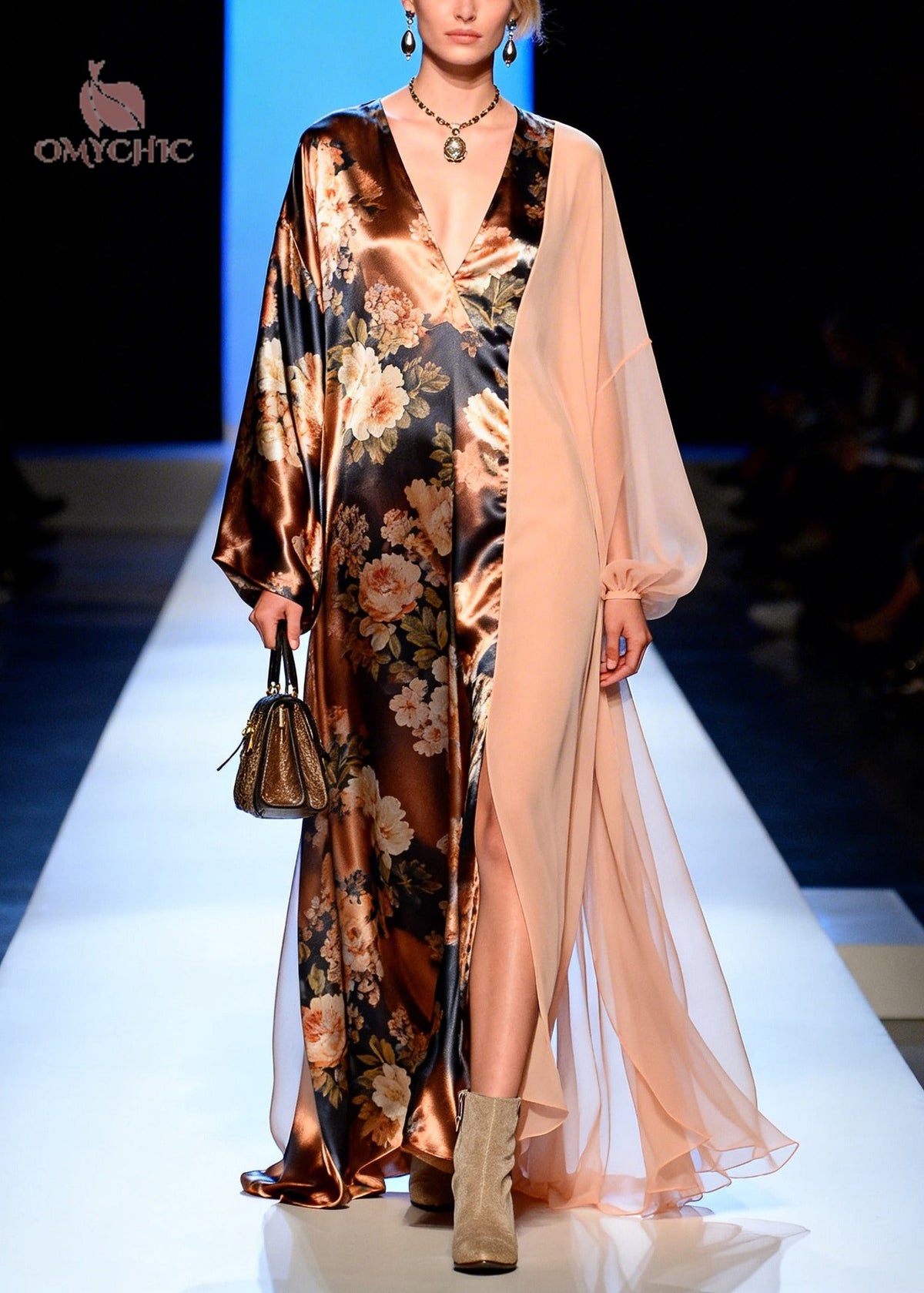 Asymmetrical Floral Print Chiffon Panel Deep V-Neck Maxi Gown - View 3