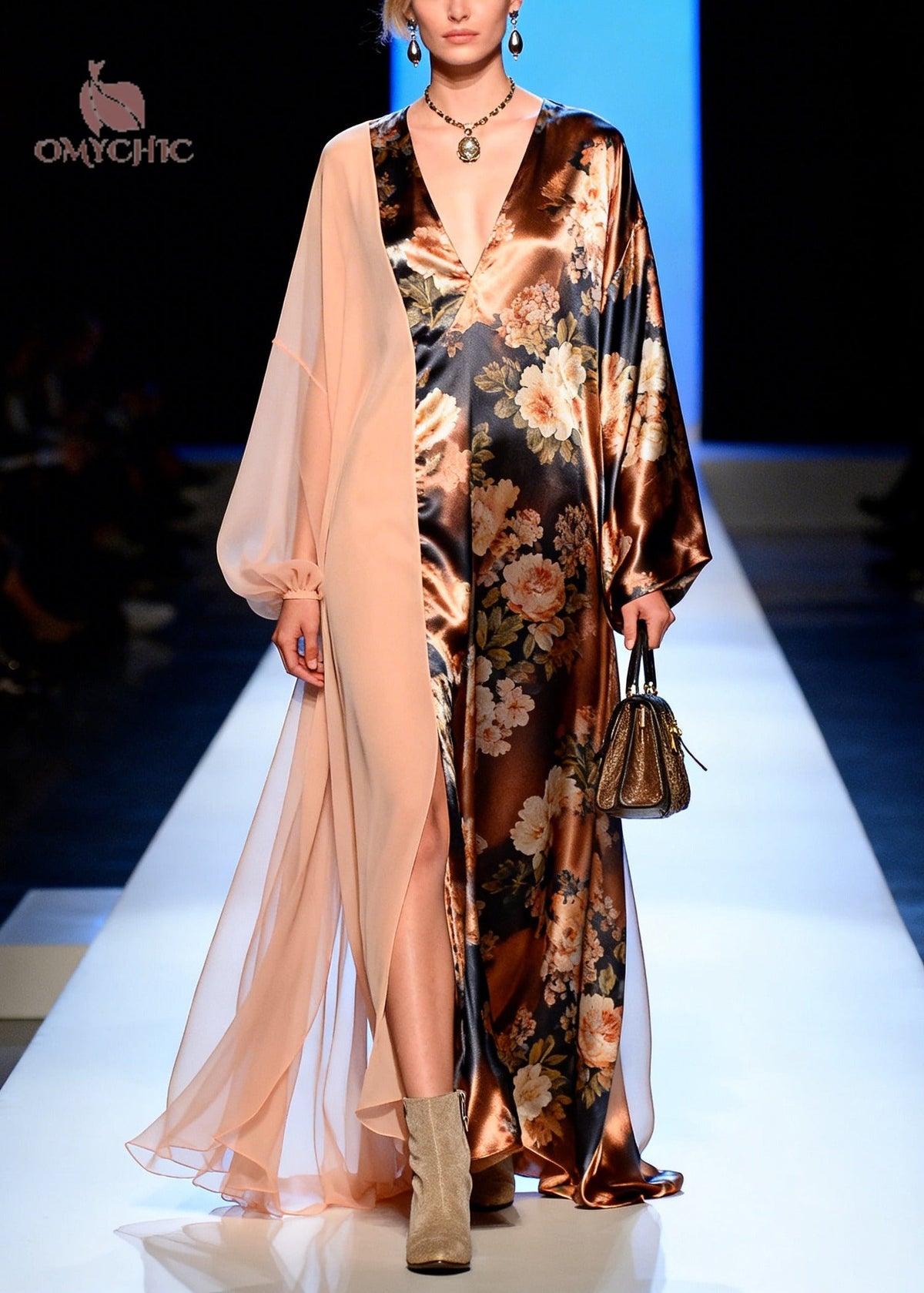Asymmetrical Floral Print Chiffon Panel Deep V-Neck Maxi Gown - View 5