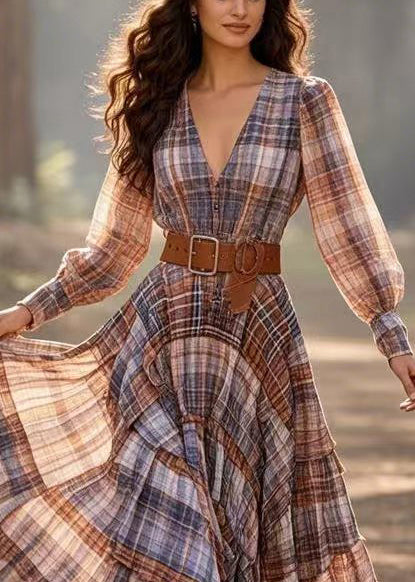 Plaid Deep V-Neck Bishop Sleeve Belted Tiered Maxi Dress - View 2