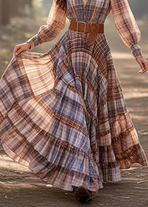 Plaid Deep V-Neck Bishop Sleeve Belted Tiered Maxi Dress - View 4