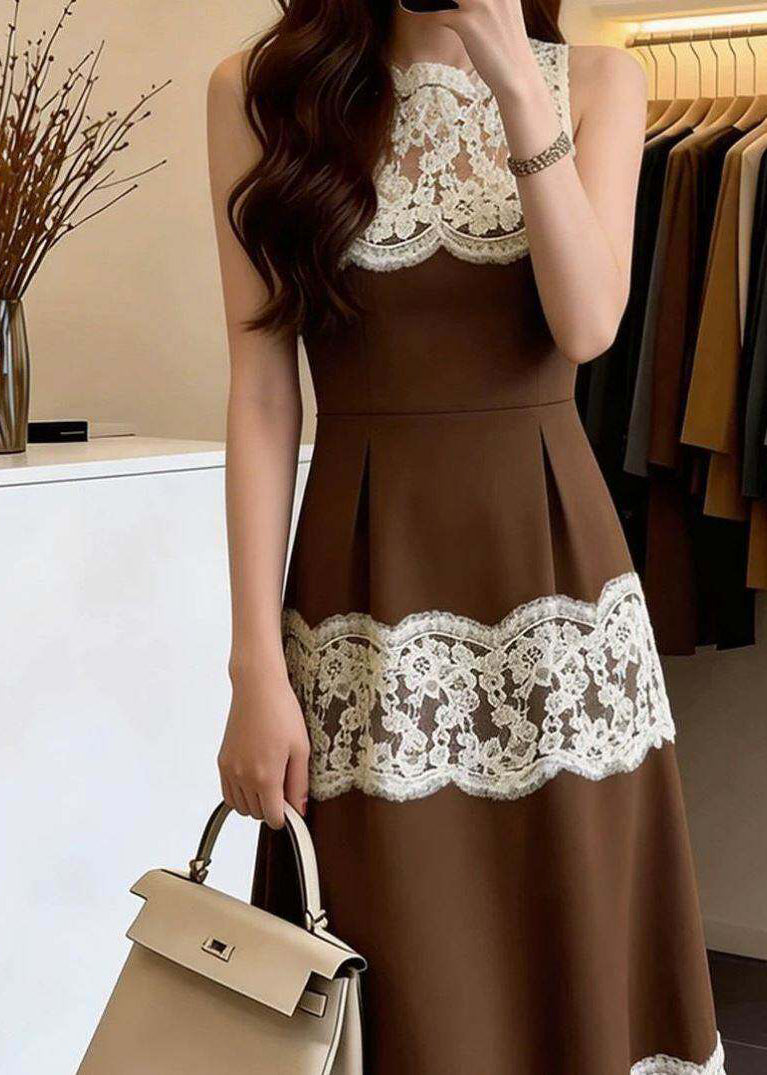 French Brown O-Neck Patchwork Lace Maxi Dresses Sleeveless - View 2