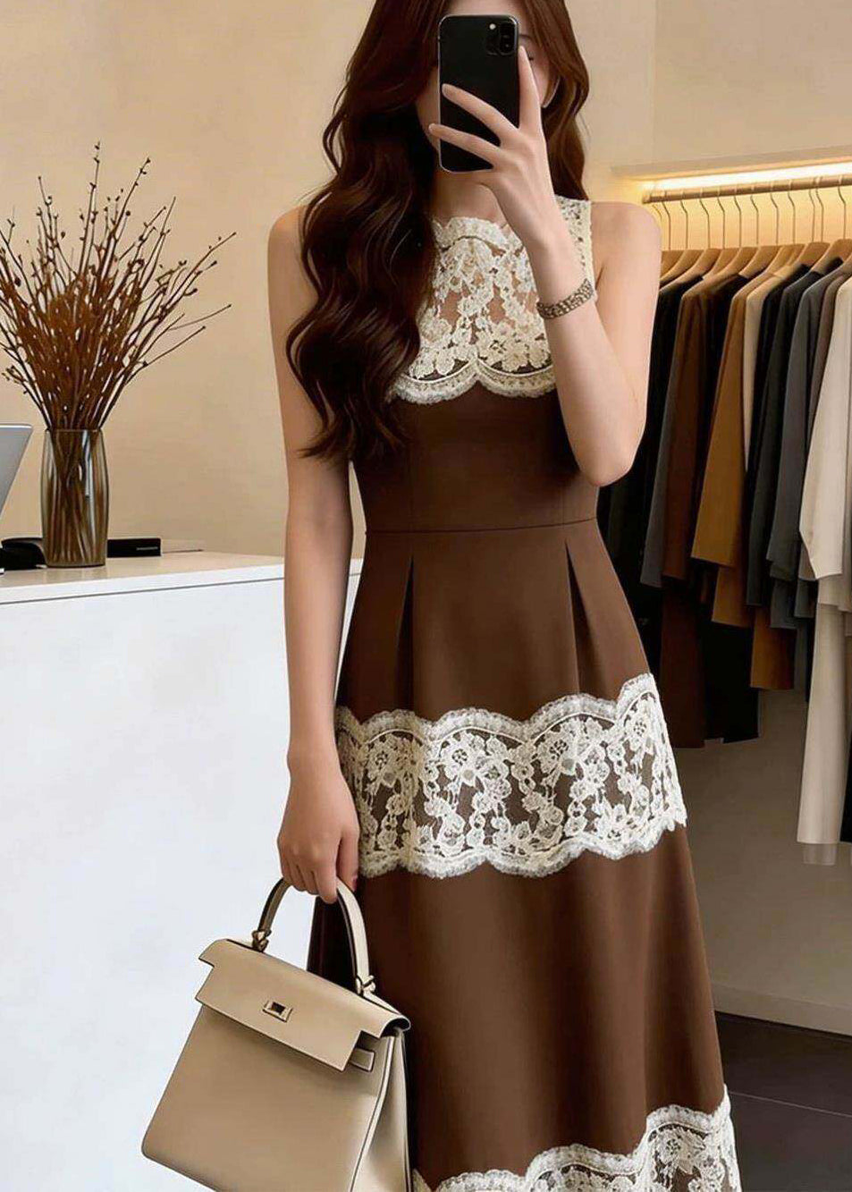 French Brown O-Neck Patchwork Lace Maxi Dresses Sleeveless - View 3