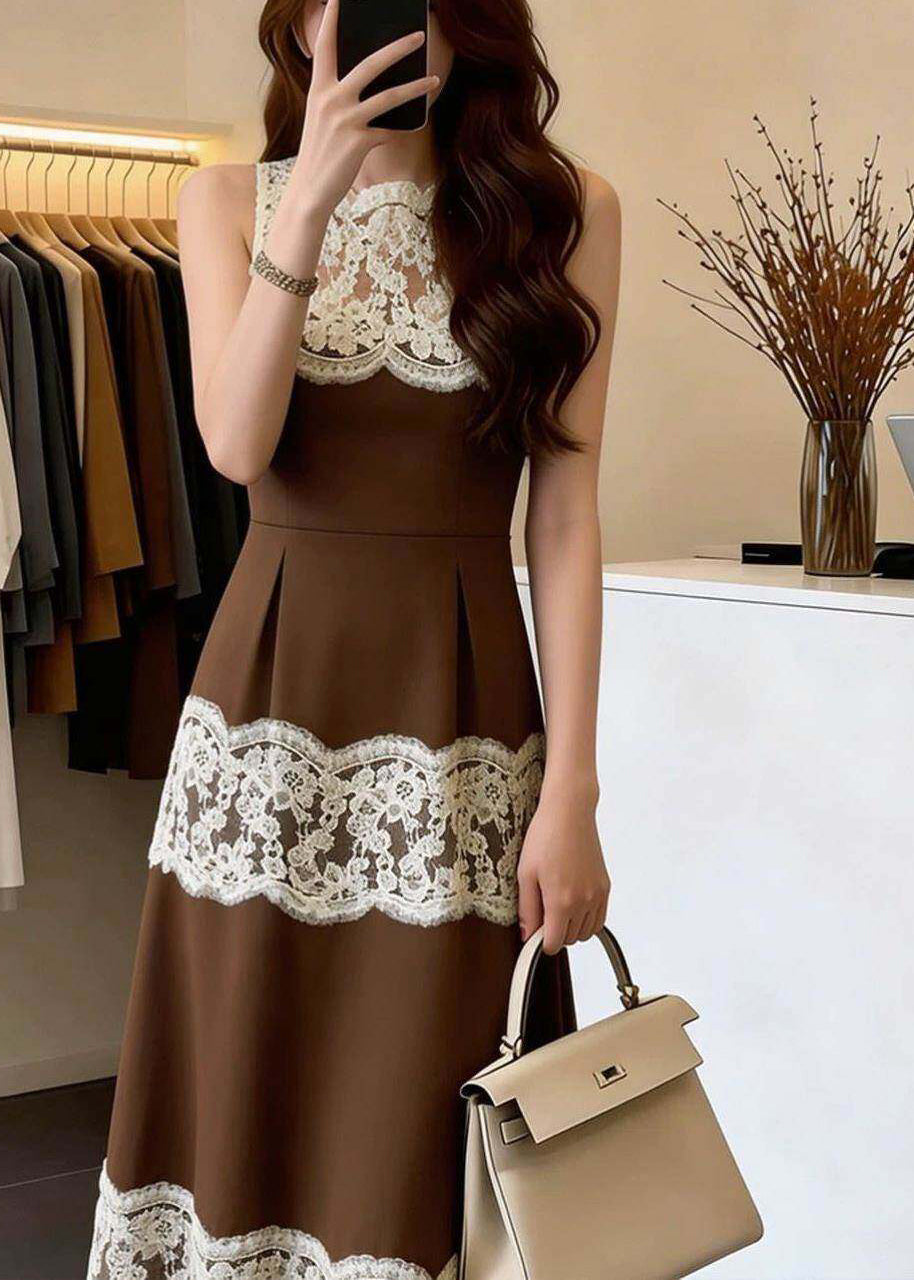 French Brown O-Neck Patchwork Lace Maxi Dresses Sleeveless - View 4