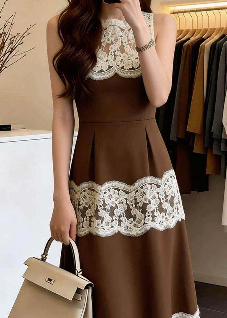 French Brown O-Neck Patchwork Lace Maxi Dresses Sleeveless - View 5