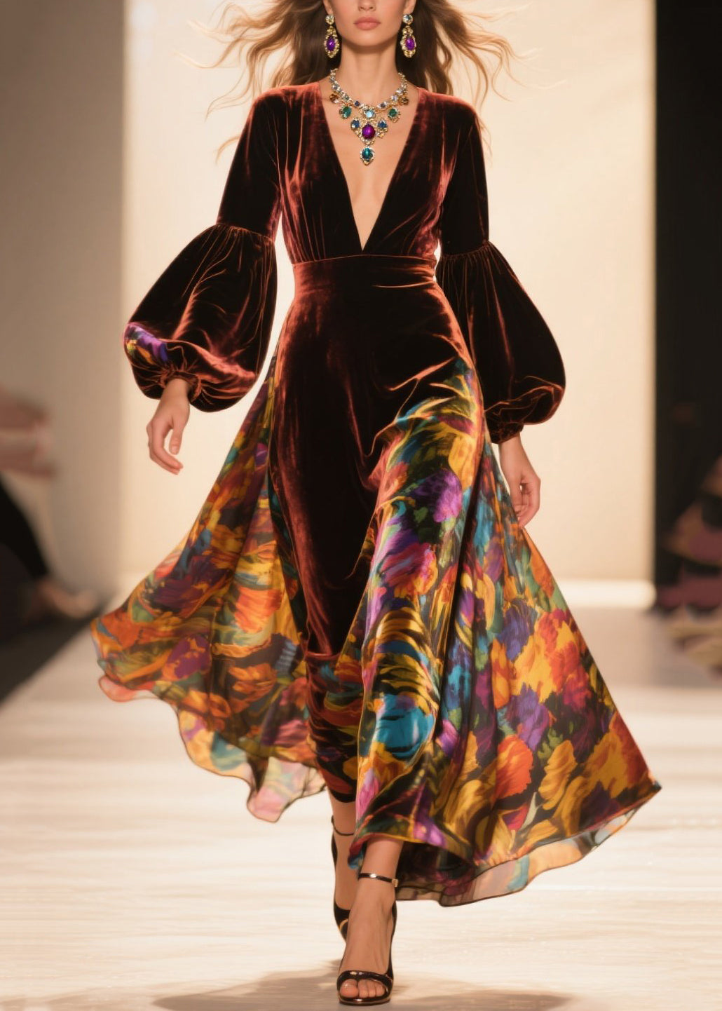 Velvet Floral Bishop Sleeve Deep V-Neck Sheer Panel Maxi Gown - View 5