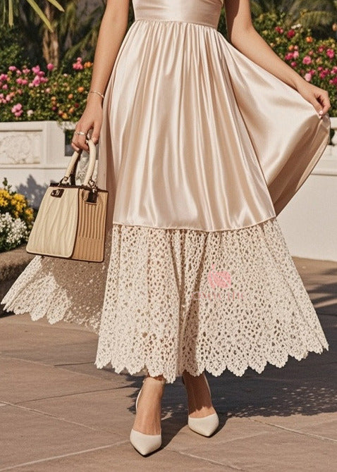 French Champagne Lace Patchwork Exra Large Hem Silk Halter Dresses Summer - View 4