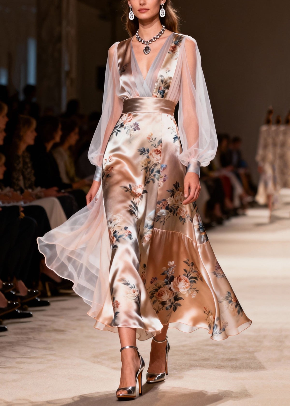 Floral Print Deep V-Neck Sheer Lantern Sleeve A-Line Maxi Gown