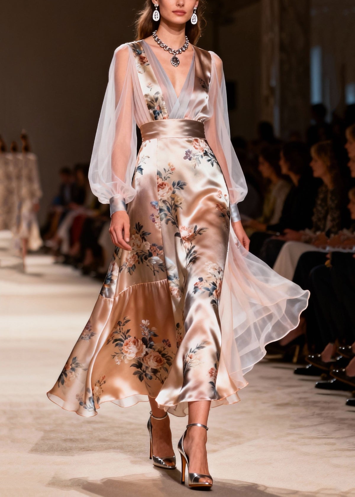 Floral Print Deep V-Neck Sheer Lantern Sleeve A-Line Maxi Gown - View 3