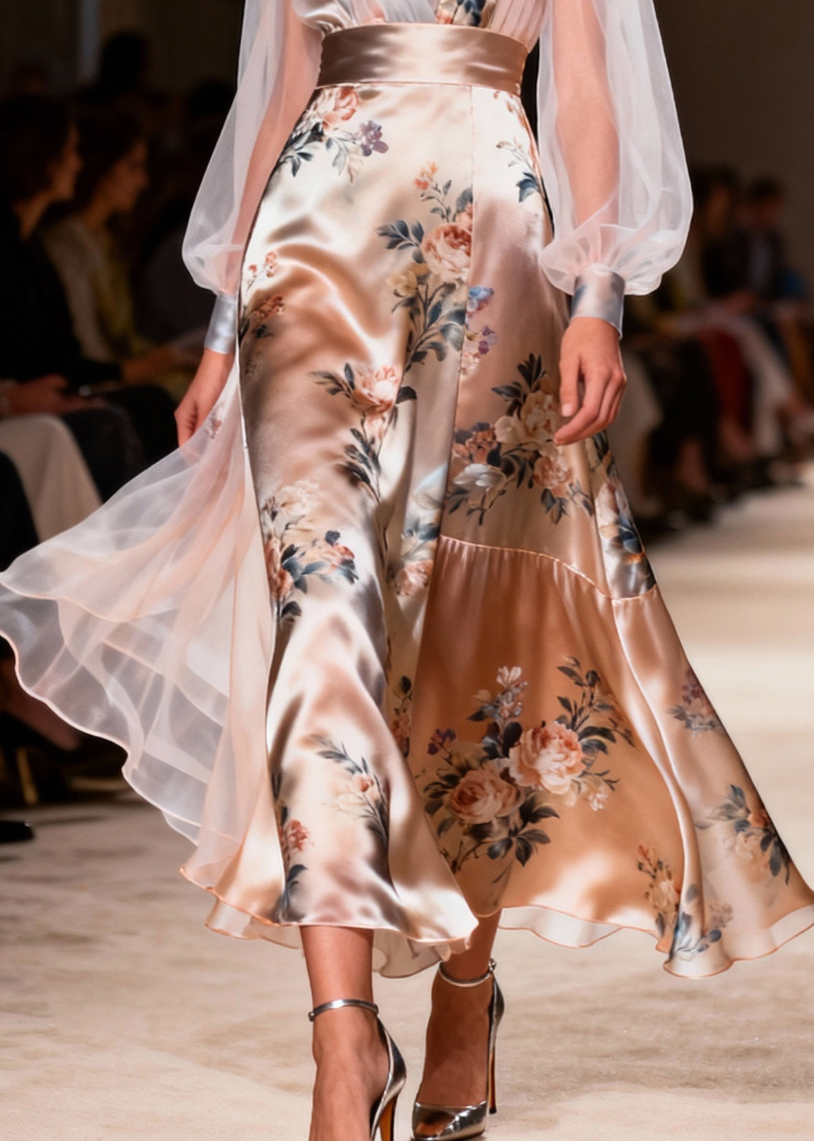 Floral Print Deep V-Neck Sheer Lantern Sleeve A-Line Maxi Gown - View 4