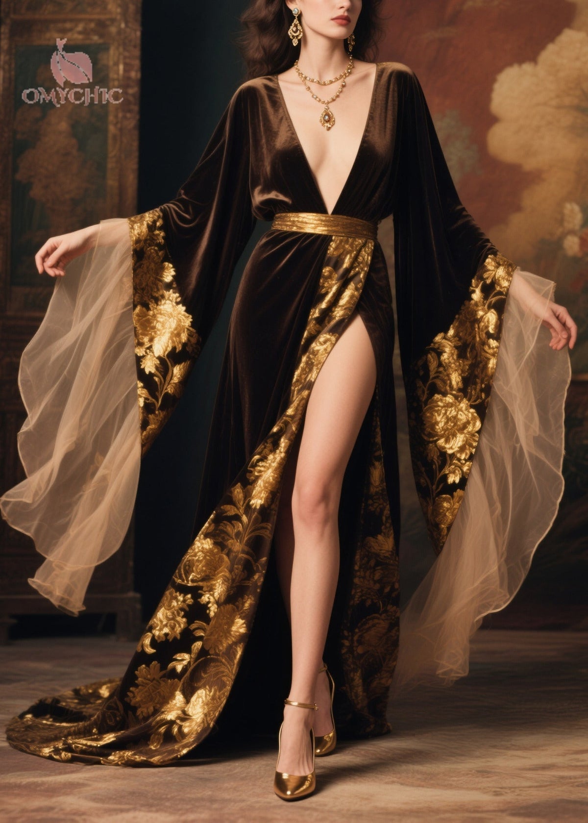 Velvet Floral Embroidery Deep V-Neck Bell Sleeve Tulle Maxi Gown - View 5