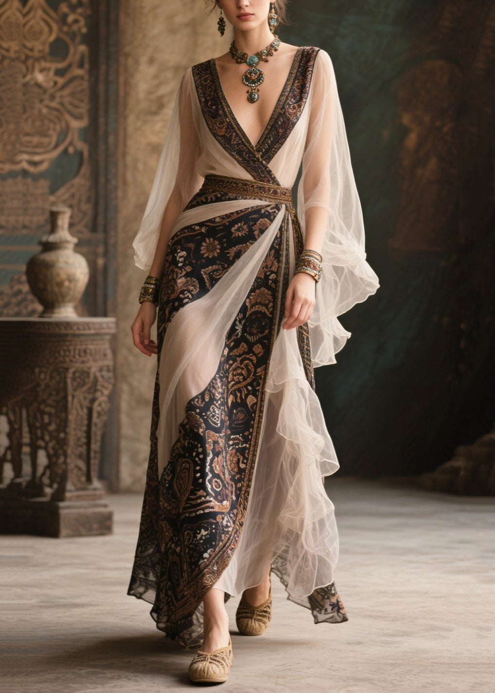 Paisley Print Deep V-Neck Bell Sleeve Tiered Ruffle Wrap Maxi Gown - View 5