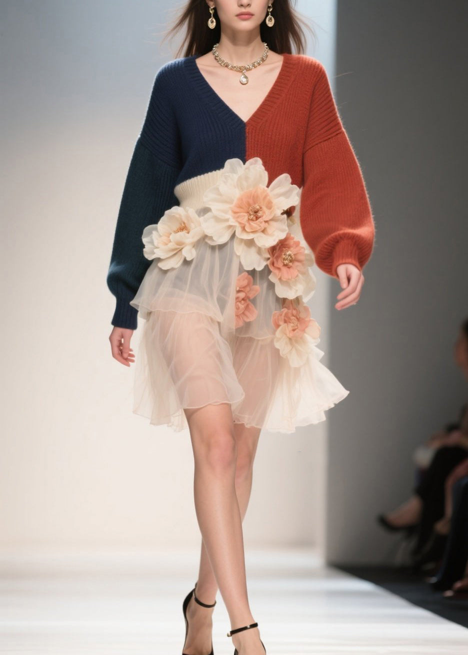 Colorblock Knit V-Neck Bishop Sleeve Floral Appliqué Mini Dress