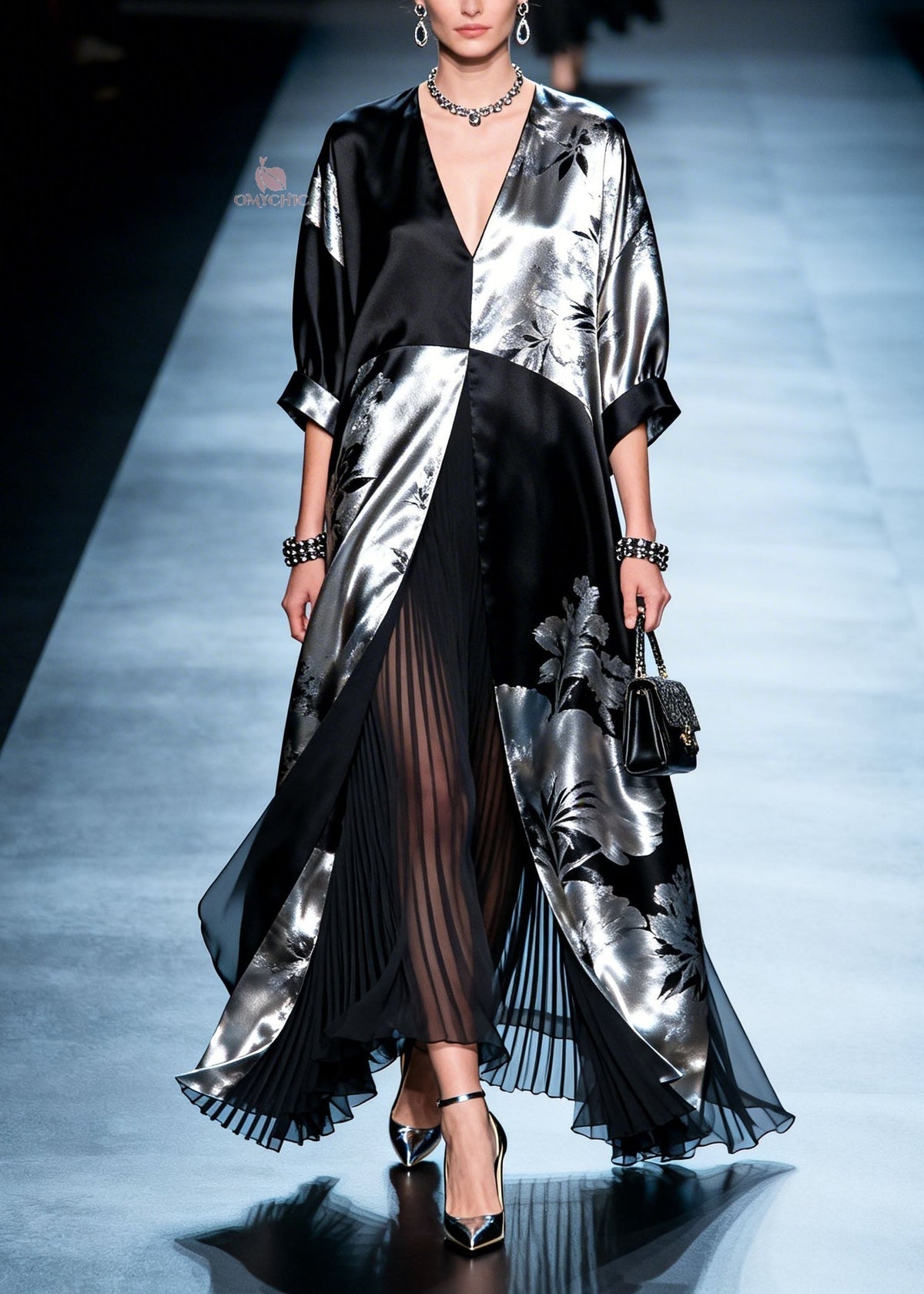 Metallic Floral V-Neck Open Front Wide Cuff Sleeve Maxi Gown - View 5