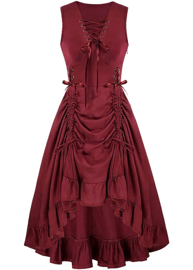 Lace Up Front V-Neck Side Ruched High Low Ruffle Hem Midi Dress