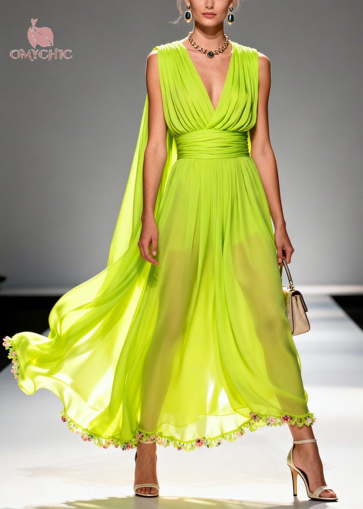 Deep V-Neck Sleeveless Pleated Waist Chiffon Floral Maxi Gown - View 3