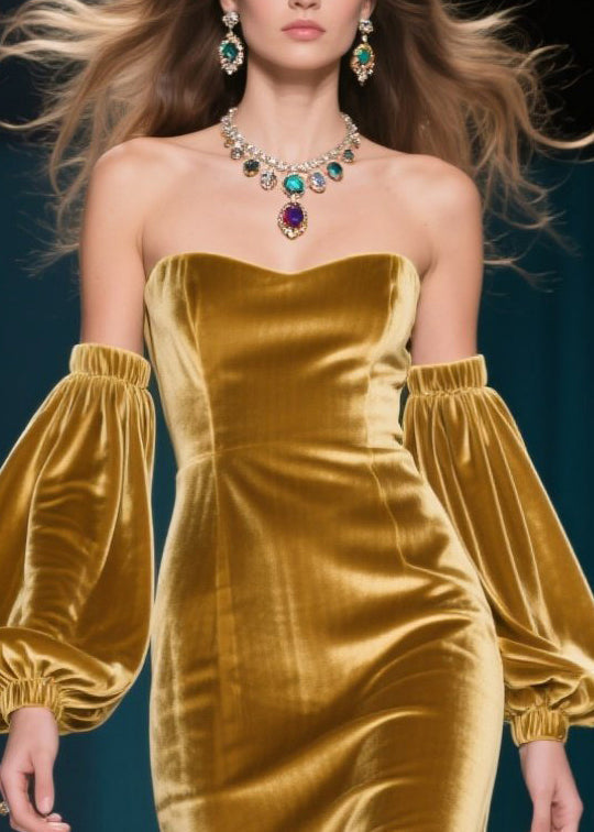 French Golden Backless Silk Velvet Dinner Dresses Lantern Sleeve - View 2