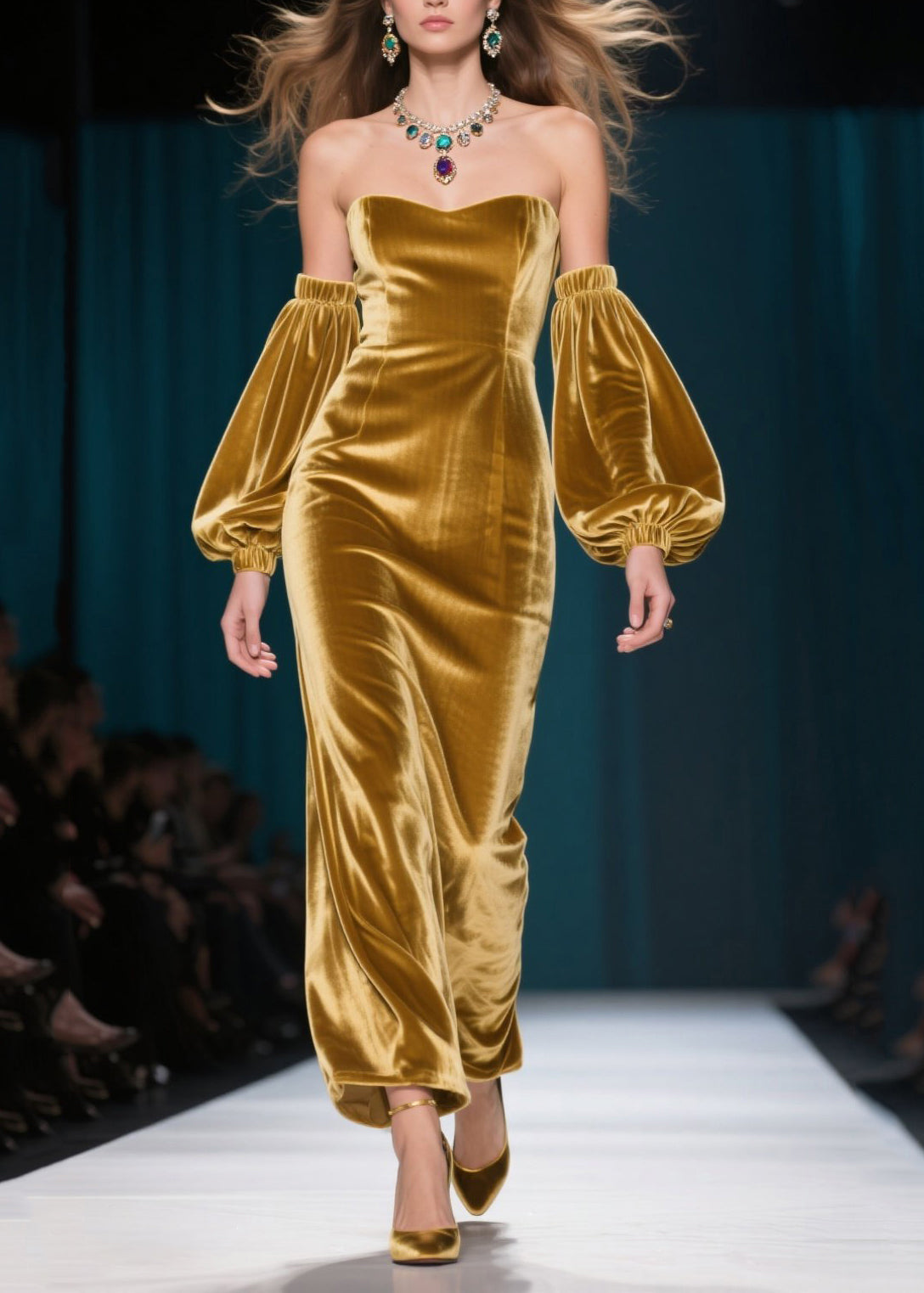 French Golden Backless Silk Velvet Dinner Dresses Lantern Sleeve - View 3