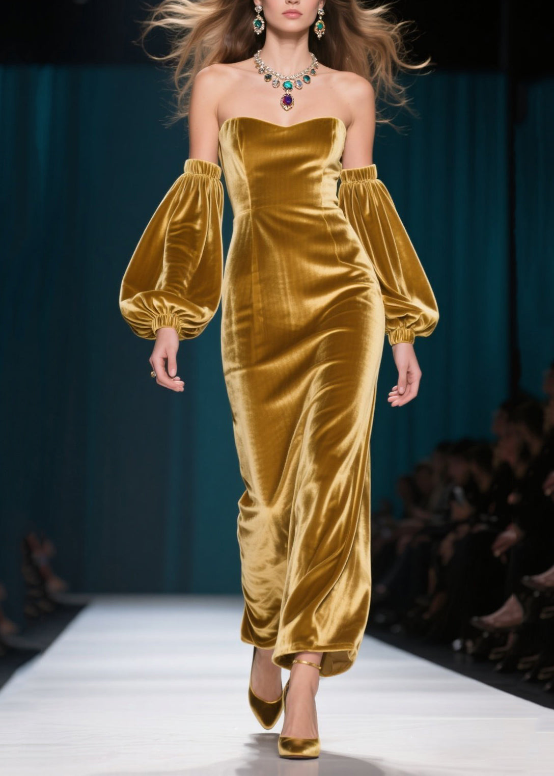 French Golden Backless Silk Velvet Dinner Dresses Lantern Sleeve - View 5
