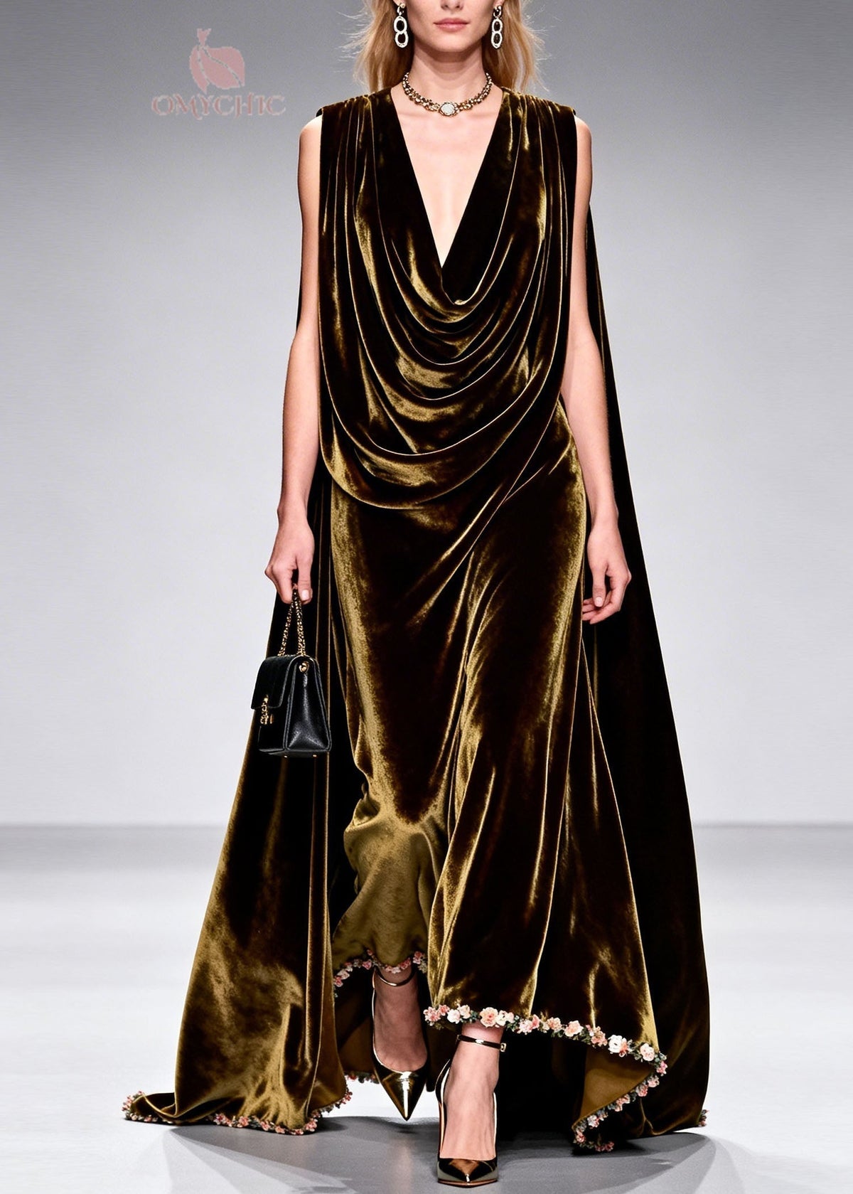 Velvet Cowl Neck Attached Cape Floral Applique Hem Maxi Gown
