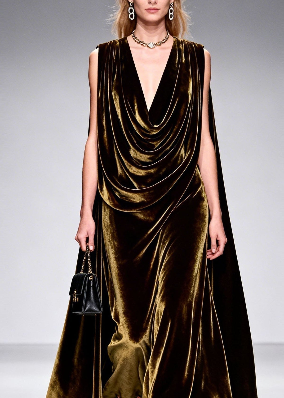 Velvet Cowl Neck Attached Cape Floral Applique Hem Maxi Gown - View 2