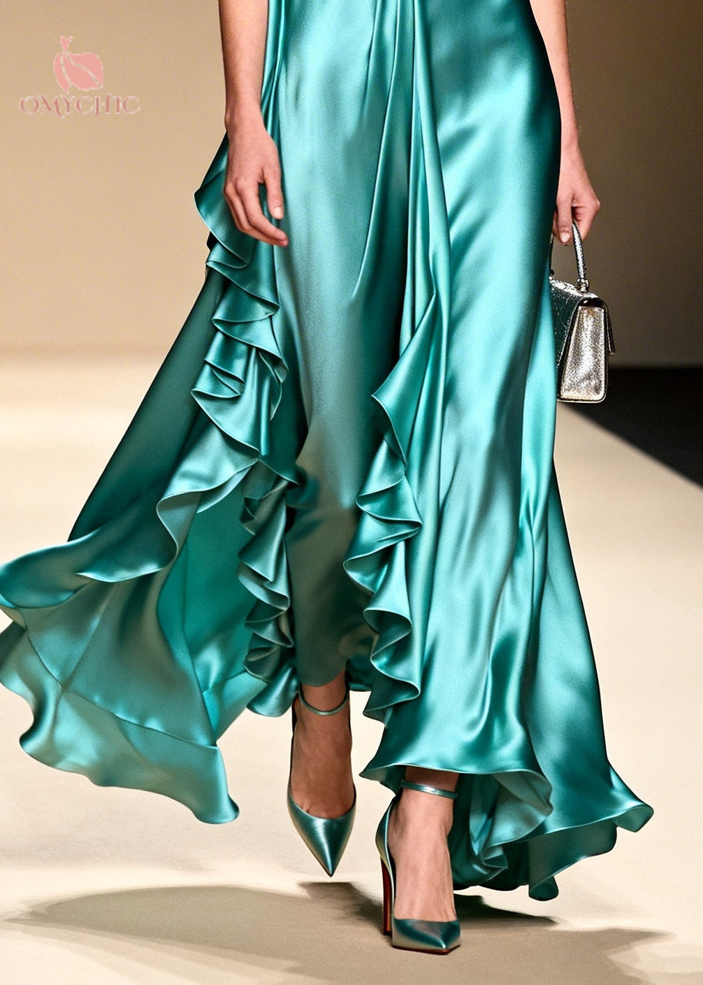 Deep V-Neck Sleeveless Ruffle Trim Satin High Low Maxi Dress - View 4