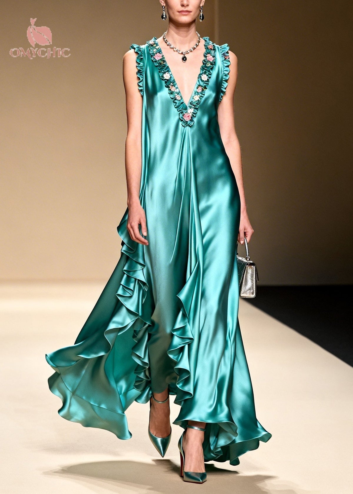 Deep V-Neck Sleeveless Ruffle Trim Satin High Low Maxi Dress - View 5