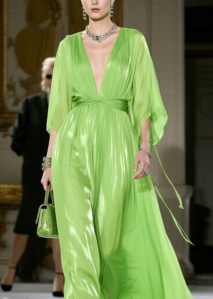 Metallic Pleated Deep V-Neck Butterfly Sleeve Tie Waist Maxi Gown - View 2