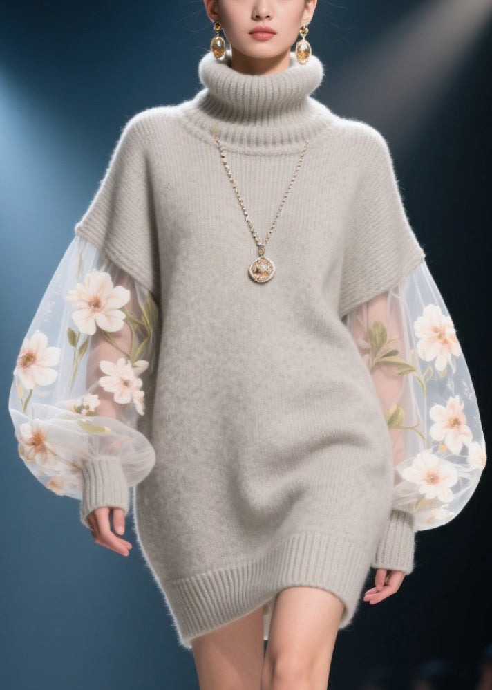Knit Turtleneck Sheer Embroidered Floral Mini Sweater Dress - View 2