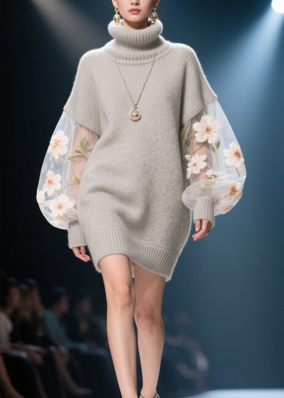 Knit Turtleneck Sheer Embroidered Floral Mini Sweater Dress - View 3