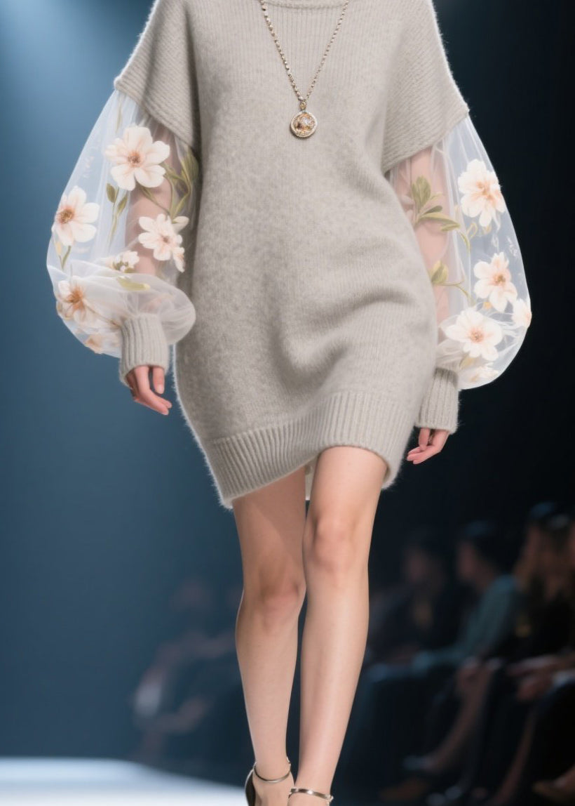 Knit Turtleneck Sheer Embroidered Floral Mini Sweater Dress - View 4