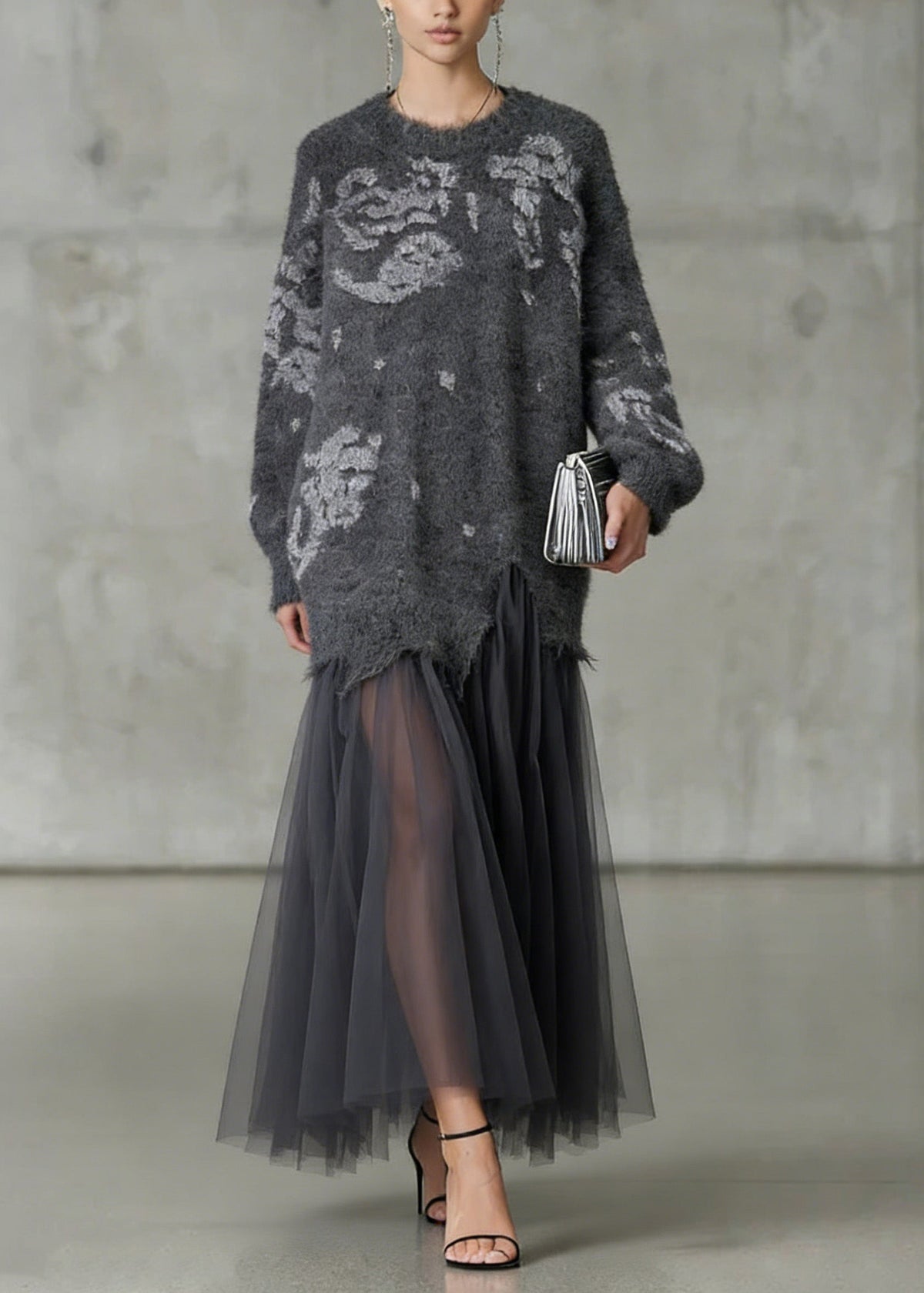 Floral Knit Tulle Patchwork Crew Neck Long Sleeve Maxi Dress - View 3